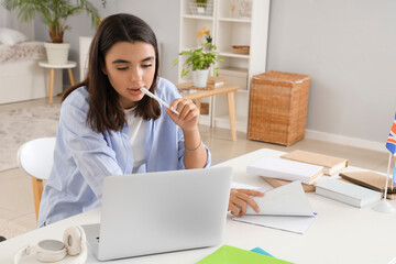 Poster - Young woman learning English language online at home