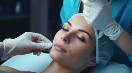 Wall Mural - plastic surgery, beauty, Surgeon or beautician touching woman face, surgical procedure that involve altering shape of nose, doctor examines patient nose before rhinoplasty, medical assistance, health