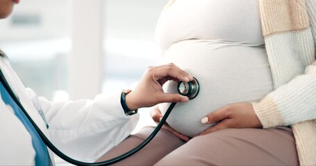 Sticker - Hand, pregnant and stethoscope for a doctor with a patient in the hospital closeup for consulting. Healthcare, baby and stomach of a mother in a clinic with a medicine professional for an appointment