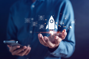 Aufkleber - Start up Business growth aiming to success with rocket launch icon, planning development leadership and customer target group concept.