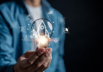 Leinwandbilder - Start up with Business idea creation, growth aiming to success with rocket launch icon, planning development leadership and customer target group concept.