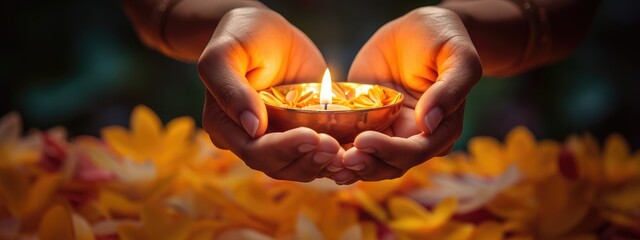 Wall Mural - Happy Diwali. Traditional Hindu holiday. burning candles and flowers Diya. Religious holiday of light.