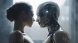 Hybrid lesbian sexuality between a young woman and her cybernetic robotic avatar. Cinematic scene of romantic love between an android with a white casing and cables and a girl. LGBTQ+ future with AI