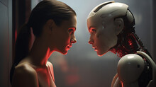 A Female Couple In Profile Looking At Each Other Face To Face In A Romantic Cinematic Scene. A Young Girl Observes Her Robotic Avatar With Artificial Intelligence