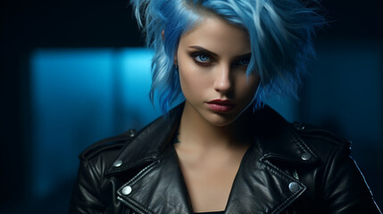 Wall Mural - Portrait of a beautiful young teenage girl with blue dyed hair, blue eyes, makeup and defiant look. Black leather jacket with studs and rock or punk aesthetic expressing rebellion and authenticity