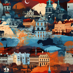 Wall Mural - Travel European art collage repeat pattern Czech Prague