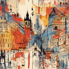 Wall Mural - European Czech Prague travel art collage repeat pattern