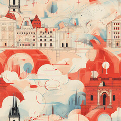 Wall Mural - European Czech Prague travel art collage repeat pattern