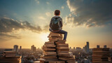 Back to school! Happy cute industrious child sitting on the tower of books on background of sunset sky. Concept of education and reading. The development of the imagination.