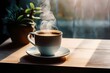 a cup of hot coffee on a wooden table with morning sunlight from the window.