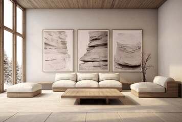 Wall Mural - Scandinavian style living room. Modern interior with frames on the wall