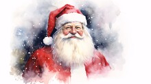 Watercolor Illustration: Portrait Of Santa Claus On White Background