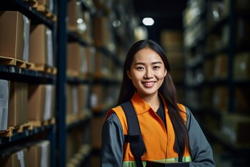 Wall Mural - portrait of a smiling young asian woman engineer in a storage job wearing an orange vest, working at a retail online shopping warehouse