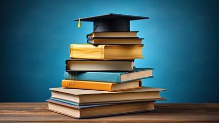 On a stack of books lies an academic cap of a university graduate