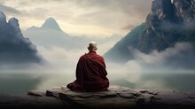 Monks In Meditation Tibetan Monk From Behind Sitting On A Rock Near The Water Among Misty Mountains