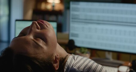 Aufkleber - Tired, computer and business woman at night with networking problem, mistake and 404 error. Administration, burnout and exhausted female worker for planning, schedule and data analysis on screen