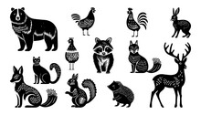 Hand Drawn Set With Animals In Linocut Style. Isolated On White Background.