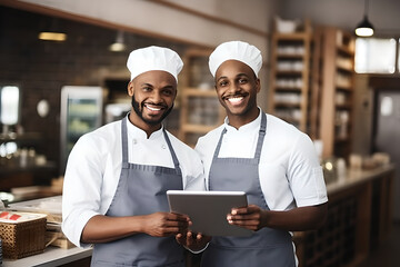 Wall Mural - Two waiters working at a restaurant and looking at the menu on a tablet, restaurant worker using a digital tablet while working