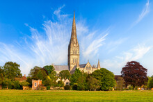 Salisbury Cathedral, Believed By Many To Be The Most Beautiful Building In England, On A Fine Spring Day. It Was Built Between 1310 And 1330, And Has The Tallest Church Spire In The UK.
