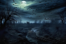 Ruined Rain Washed Old Road Leads To An Abandoned Castle On An Autumn Night With A Full Bosom And A Sky With Clouds, Black Birds Fly In The Sky, Black Silhouettes Of Gloomy Trees. Halloween