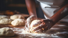 Close up of a black African American woman's hands preparing dough to make bread in a home kitchen 
