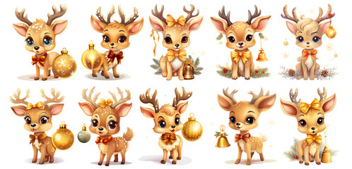  set of cute christmas deer with golden bell on transparent isolated background for invitation card, generated ai
