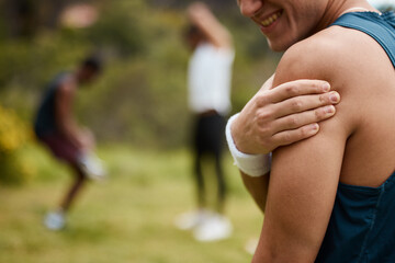 Wall Mural - Sports man, nature and shoulder pain from workout training injury or fitness cardio running accident outdoor. Hand, arm muscle or closeup of athlete runner with exercise elbow emergency in park