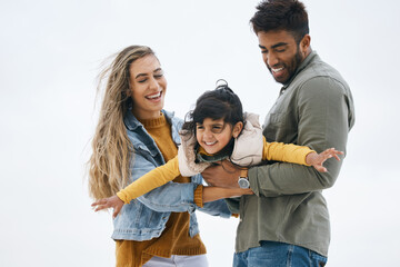 Airplane, sky or kid with parents playing for a family bond with love, smile or care on vacation. Mom, flying or happy Indian dad with a girl kid to enjoy fun outdoor games on a holiday together