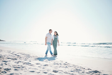 Sticker - Beach, happy couple or walking while holding hands on vacation, care or bonding in summer mockup space. Man, woman or smile at ocean to travel, romance or support love in relationship together at sea