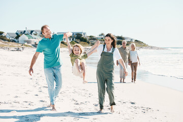 Wall Mural - Walking, adventure and family generations on a beach together on vacation, holiday or weekend trip. Happy, travel and child with parents and grandparents bonding by ocean or sea in Australia.