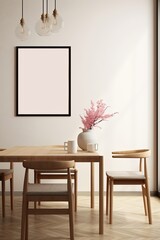 Wall Mural - Mock up poster in modern dining room interior design with beige empty walls, Generative AI 