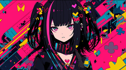 Wall Mural - Beautiful anime girl angry expression, cyberpunk school uniform, psychedelic background