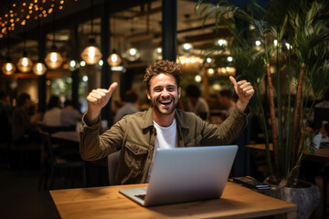 Wall Mural - Laughing Mel freelancer, online blogger working on laptop computer in coffee shop.