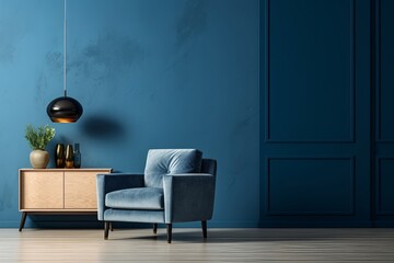 Wall Mural - Living Room interior with blue velvet armchair and cabinet, Generative AI 