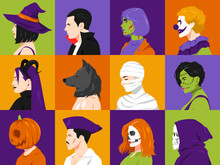 Set Of Halloween People Faces With Different Costumes, Gender And Makeup In Profile. Avatar Side View. Vector Flat Illustration.