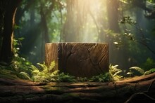 Wooden Cubic Stage In The Forest Background. Product Presentation Podium In Nature.