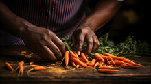 Close up of a African American man's hands preparing carrots on a breadboard 