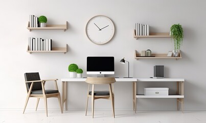 Wall Mural - White office room with desktop computer on rack at white wall background, Generative AI 