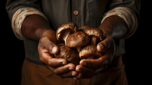 Close up of a black African American man's hands holding a bowl of porcini mushrooms 