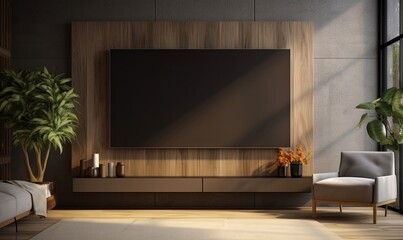 Wall Mural - TV in modern living room with decoration on wooden wall background, Generative AI 