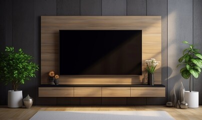 Wall Mural - TV in modern living room with decoration on wooden wall background, Generative AI 