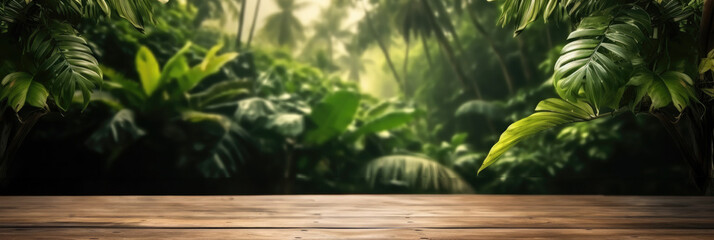 Aufkleber - The empty wooden table top with lush green rainforest amazon jungle leaves and plants in background, Product display template.