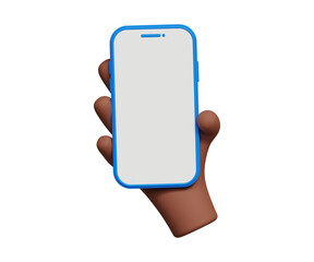 Wall Mural - 3D cartoon hand using smartphone with empty screen for mockup concept. African American hand holding mobile. Empty screen cellphone template. 3d illustration