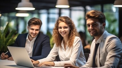 Aufkleber - Smiling diverse business people sit at office desk talk laugh discussing business ideas together.
