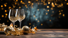 Champagne For Christmas And New Year Eve Celebration Holidays Background With Copy Space For Text