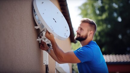 Poster - Technician Installing TV Satellite Dish On Wall Outdoor.