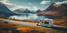 .RV Travel In Majestic Mountain Landscape .Modern Motorhome Driving On Road, Lake And Mountains In Background 