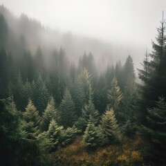 Wall Mural - Forested mountain slope in low lying cloud with the conifers shrouded in mist in a scenic landscape