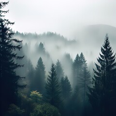 Wall Mural - Forested mountain slope in low lying cloud with the conifers shrouded in mist in a scenic landscape