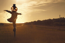 Spooky Halloween Scarecrow At Sunset